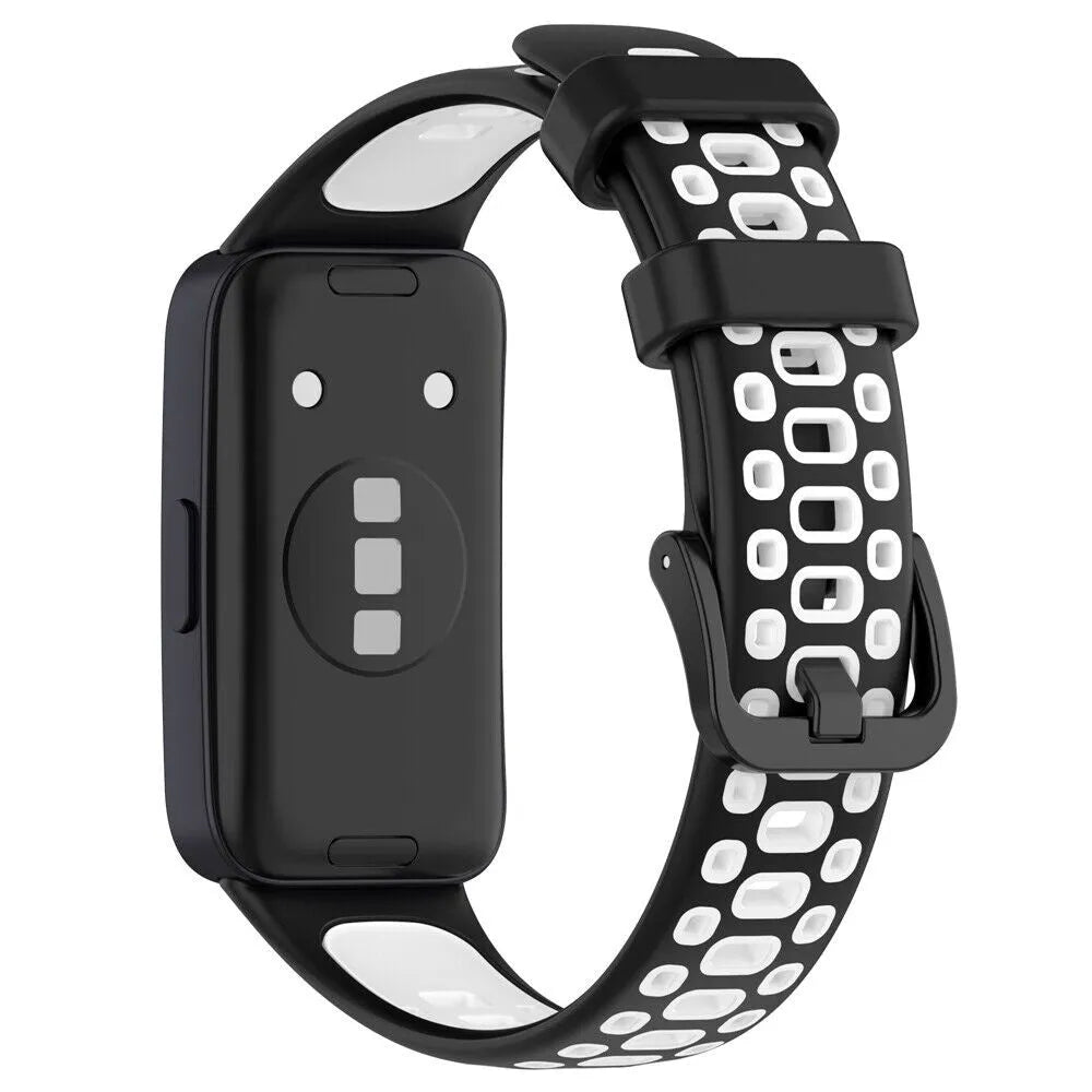Silicone Sport Strap, black/white, on a watch, 3/4 rear view