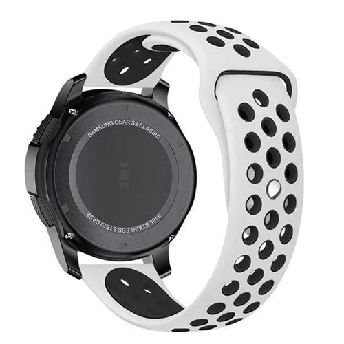 Silicone Sport Strap, white/black, on a watch, 3/4 rear view