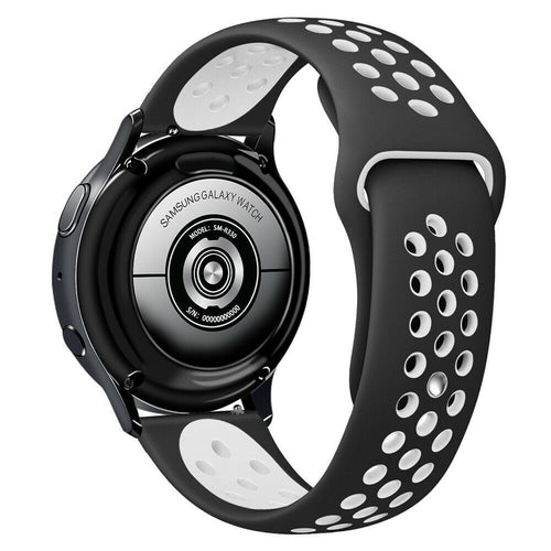 Silicone Sport Strap, black/white, on a watch, 3/4 rear view