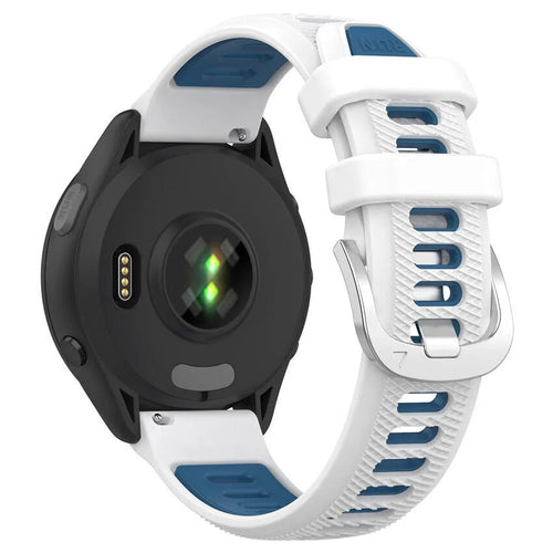 Silicone Buckled Sport Strap, white/blue, on a watch, 3/4 rear view