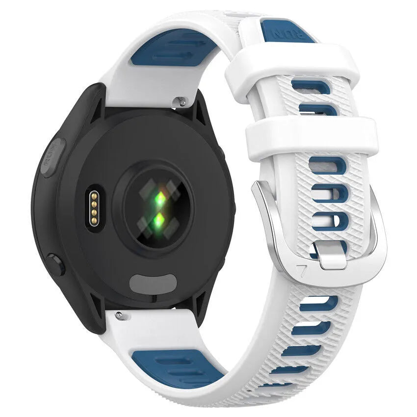 Silicone Buckled Sport Strap, white/blue, on a watch, 3/4 rear view