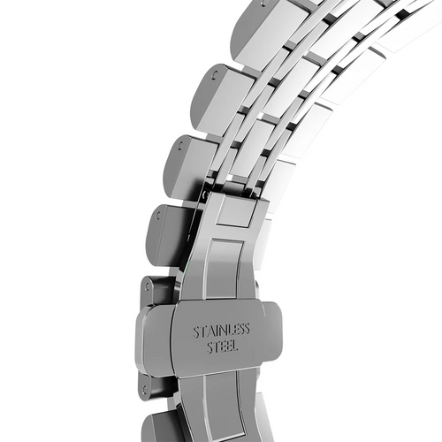 Steel Link Strap 'Duo', silver, on a watch, 3/4 rear view