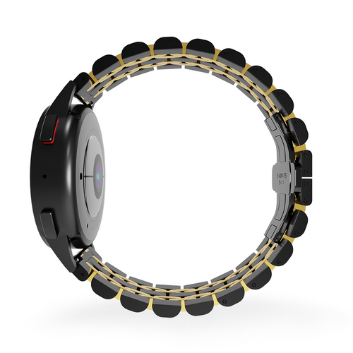 Steel Link Strap 'Duo', black/gold, on a watch, 3/4 rear view