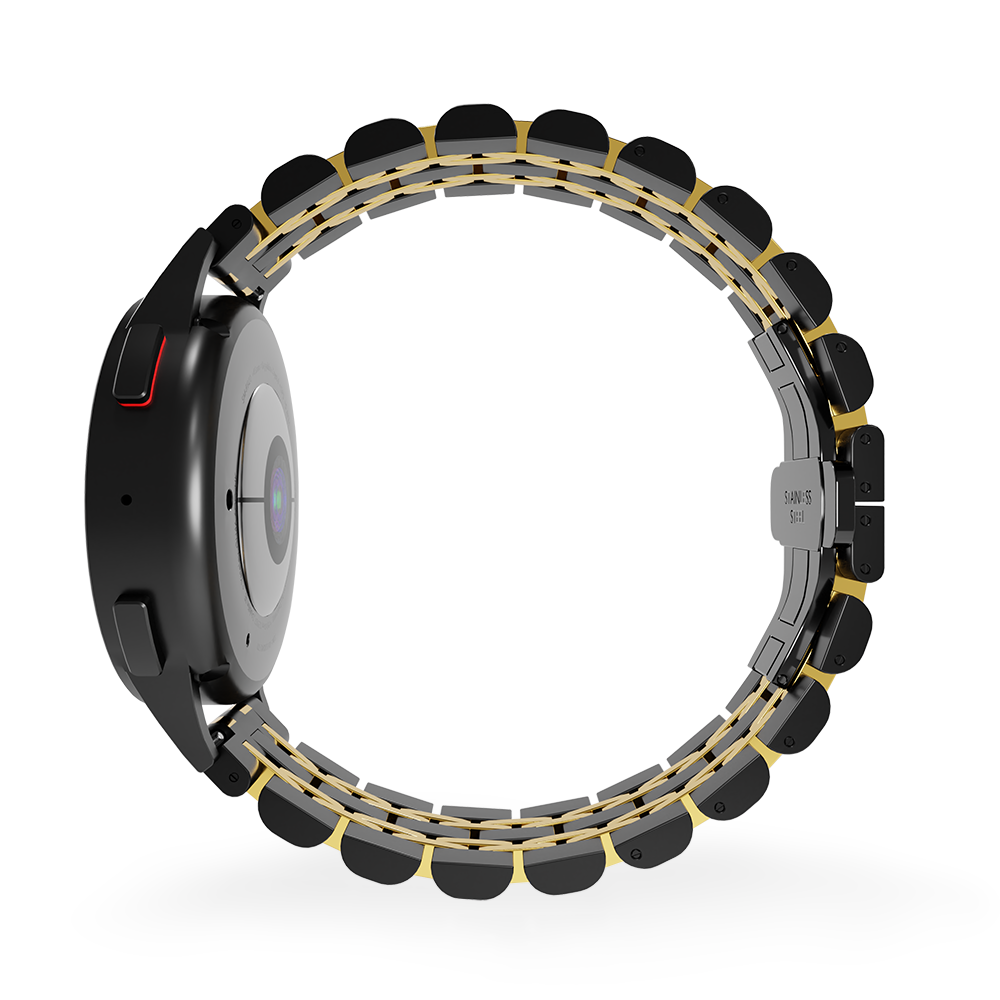 Steel Link Strap 'Duo', black/gold, on a watch, 3/4 rear view
