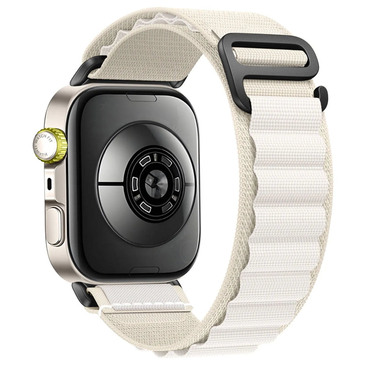 Alpine Nylon Strap, starlight, on a watch, 3/4 rear view