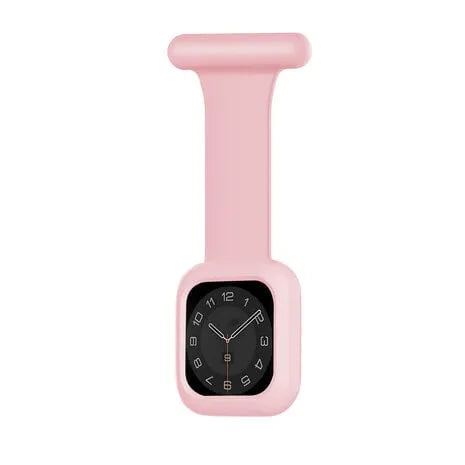 Silicone Nurse Fob, pink, on a watch, 3/4 rear view
