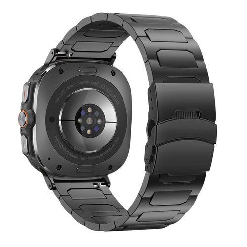 Titanium Strap 'Deluxe', black, on a watch, 3/4 rear view