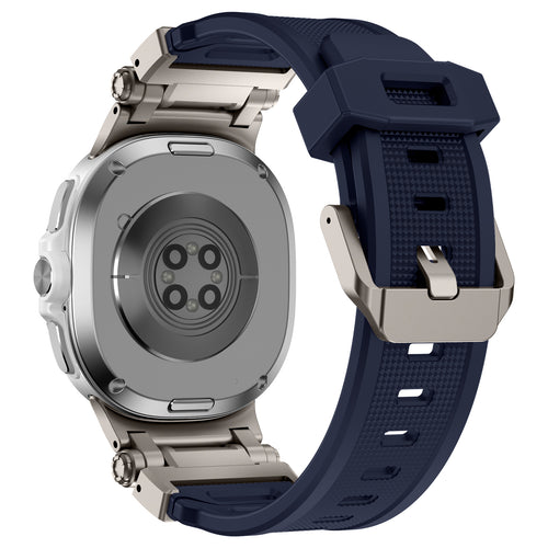 Silicone Strap 'Explorer', blue with titanium, on a watch, 3/4 rear view