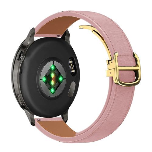 Leather Strap 'D-Type', pink, on a watch, 3/4 rear view