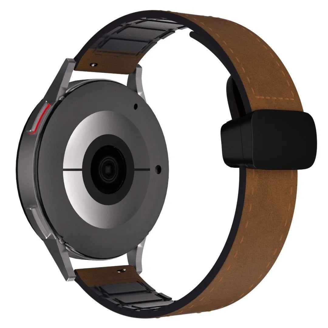 D-Buckle Leather Strap, brown, on a watch, 3/4 rear view