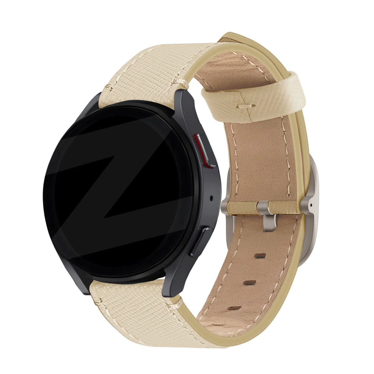 Leather Strap 'Deluxe', khaki, on a watch, 3/4 rear view