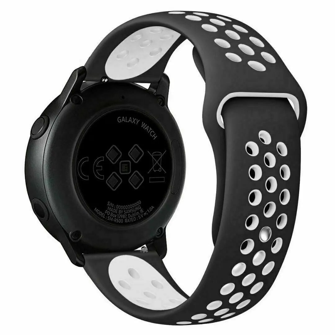 Silicone Sport Strap, black/white, on a watch, 3/4 rear view