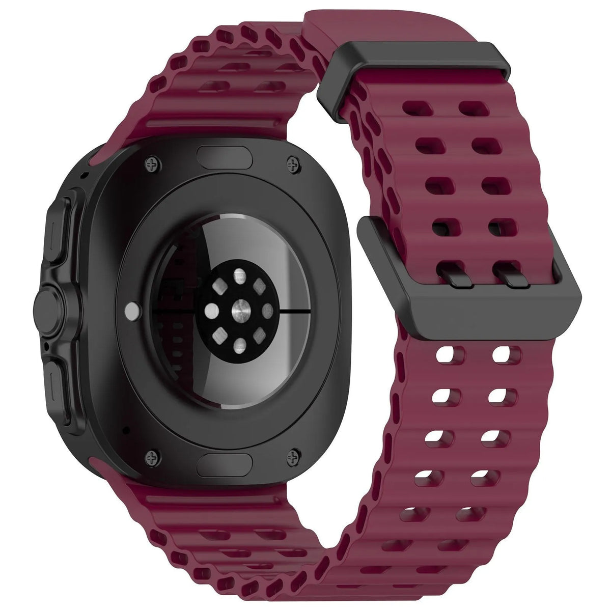 Silicone Ocean Strap, wine red, on a watch, 3/4 rear view