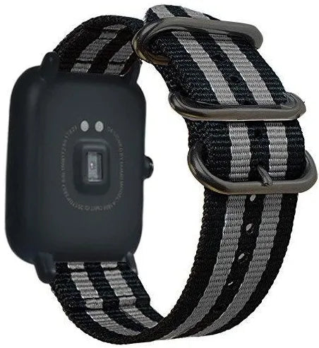 Nylon Buckle Strap, black/grey, on a watch, 3/4 rear view