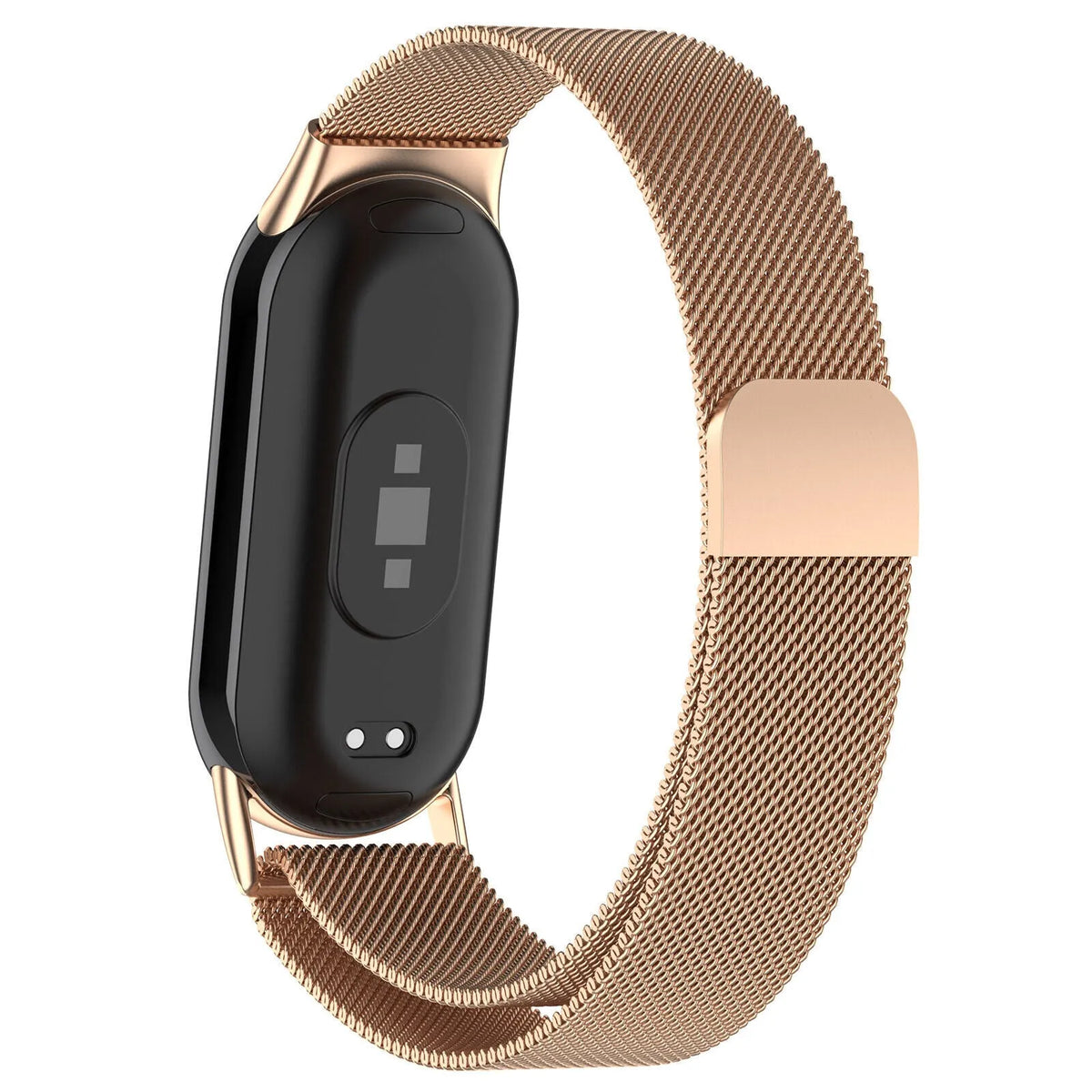 Milanese Strap, rose gold, on a watch, 3/4 rear view