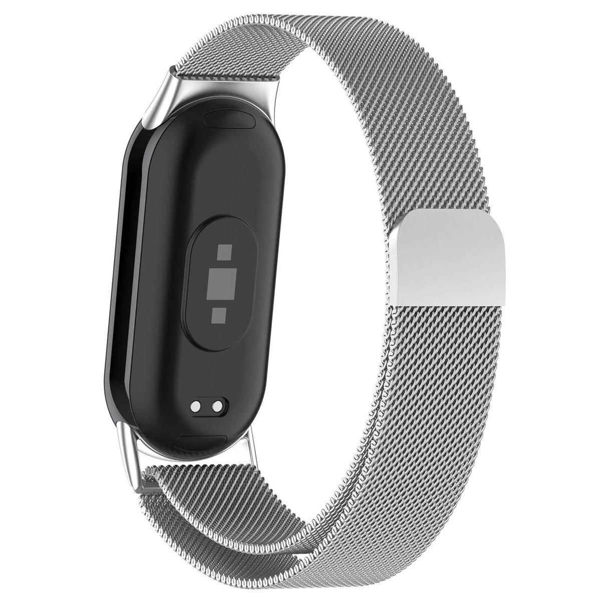 Milanese Strap, silver, on a watch, 3/4 rear view