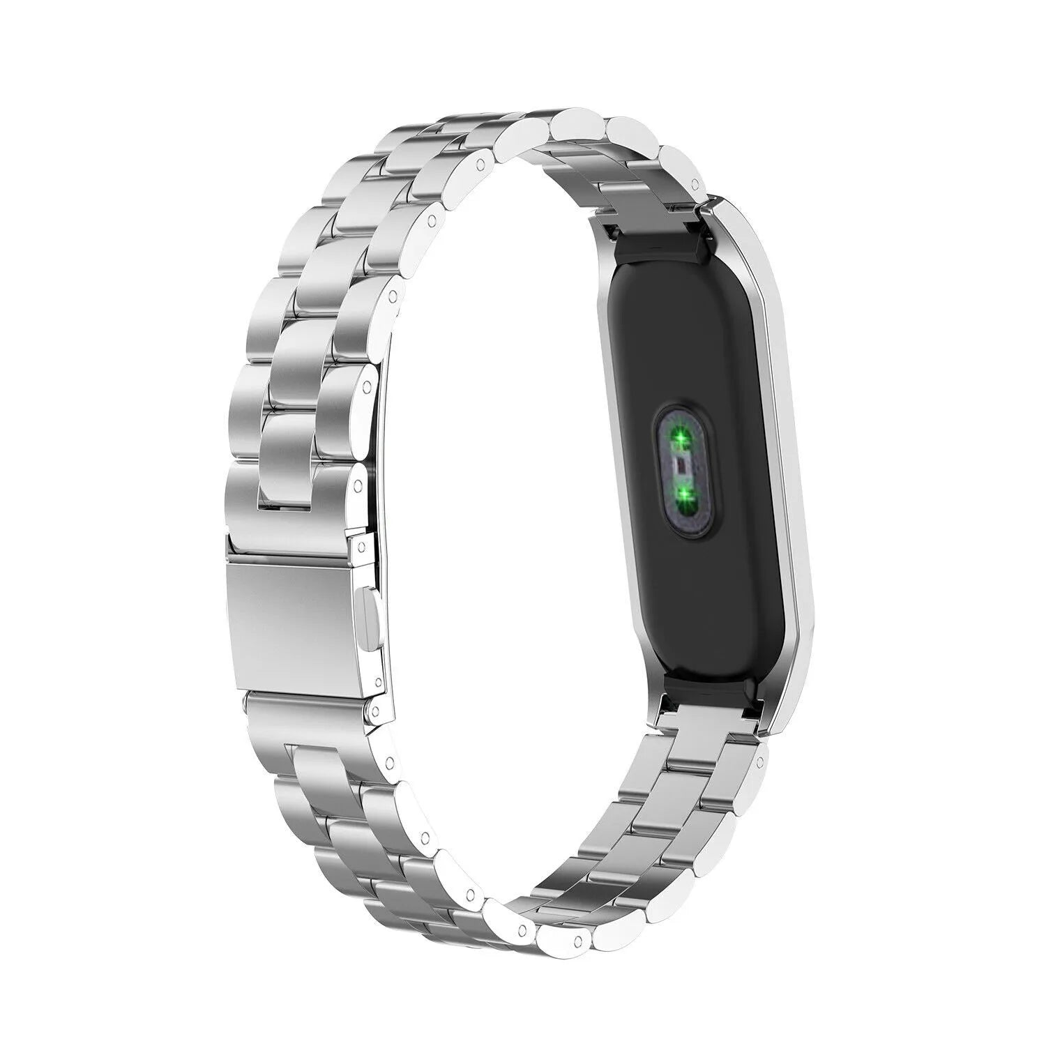 Steel Strap, silver, on a watch, 3/4 rear view