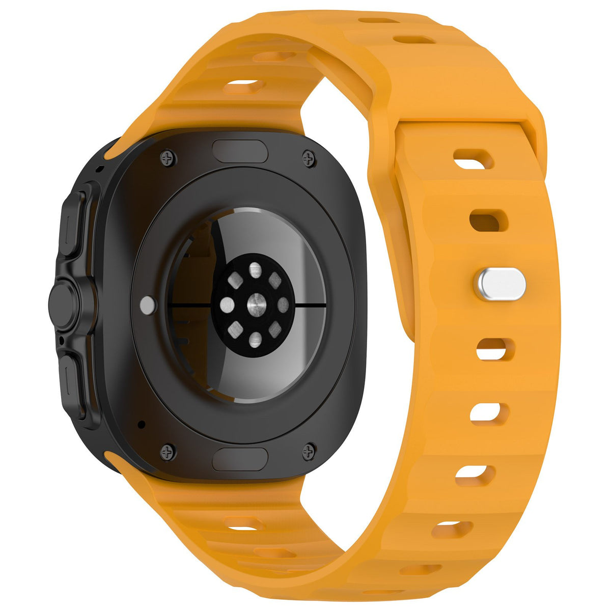 Outdoor Silicone Strap, orange/yellow, on a watch, 3/4 rear view