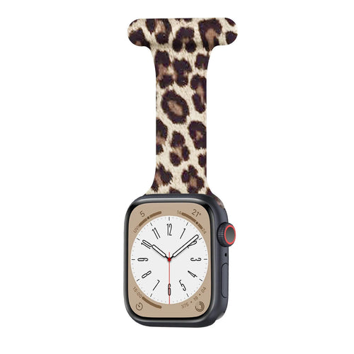 Silicone Nurse Fob, lucky leopard, on a watch, direct front view