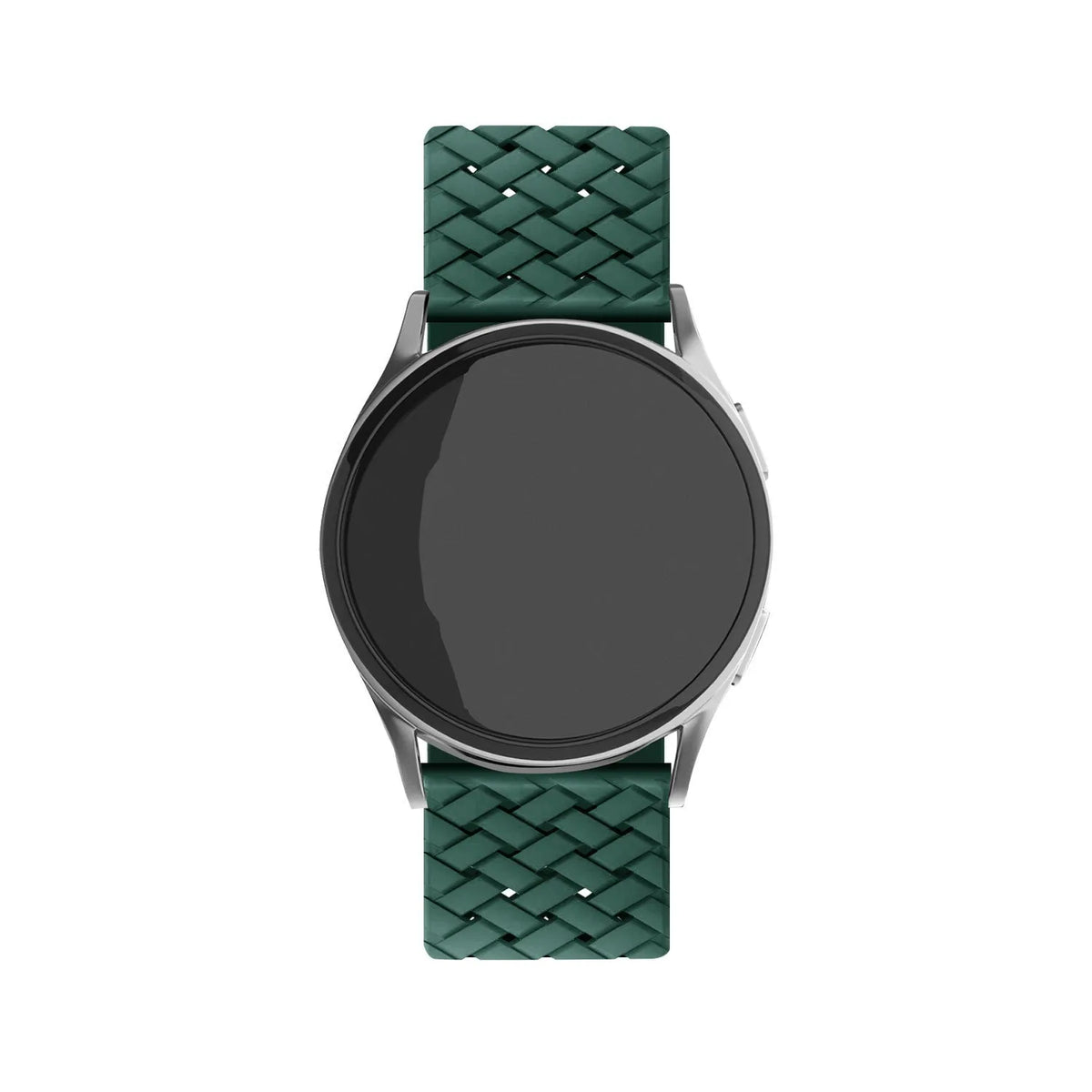 Braided Silicone Strap, dark green, on a watch, direct front view
