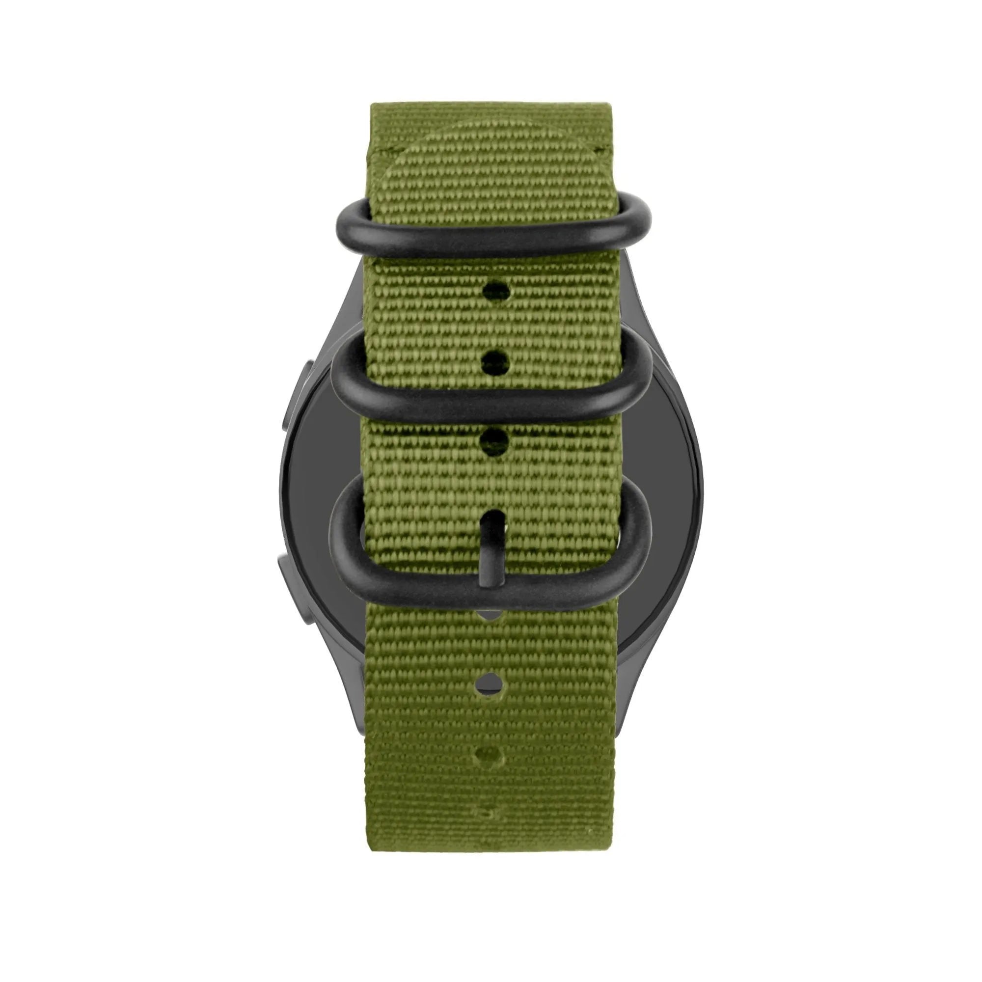 Buckled Nylon Strap, green, on a watch, direct front view