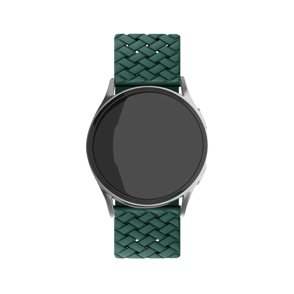 Braided Silicone Strap, dark green, on a watch, direct front view