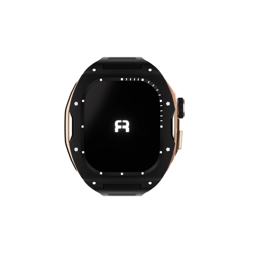 Silicone Case with Rubber Strap, black/rose gold, on a watch, direct front view