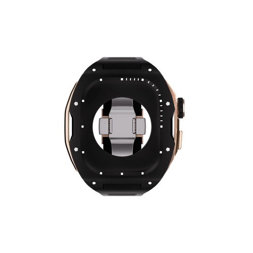 Silicone Case with Rubber Strap, black/rose gold, on a watch, direct front view