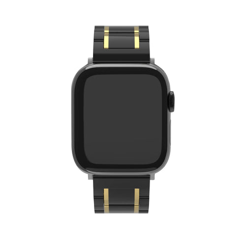 Metal Ceramic Link Strap, black/gold, on a watch, direct front view