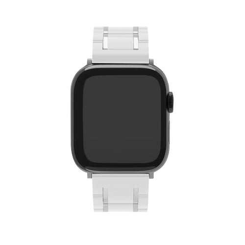 Metal Ceramic Link Strap, white/silver, on a watch, direct front view