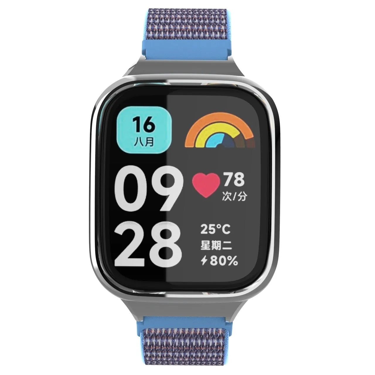 Nylon Strap, azure blue, on a watch, direct front view