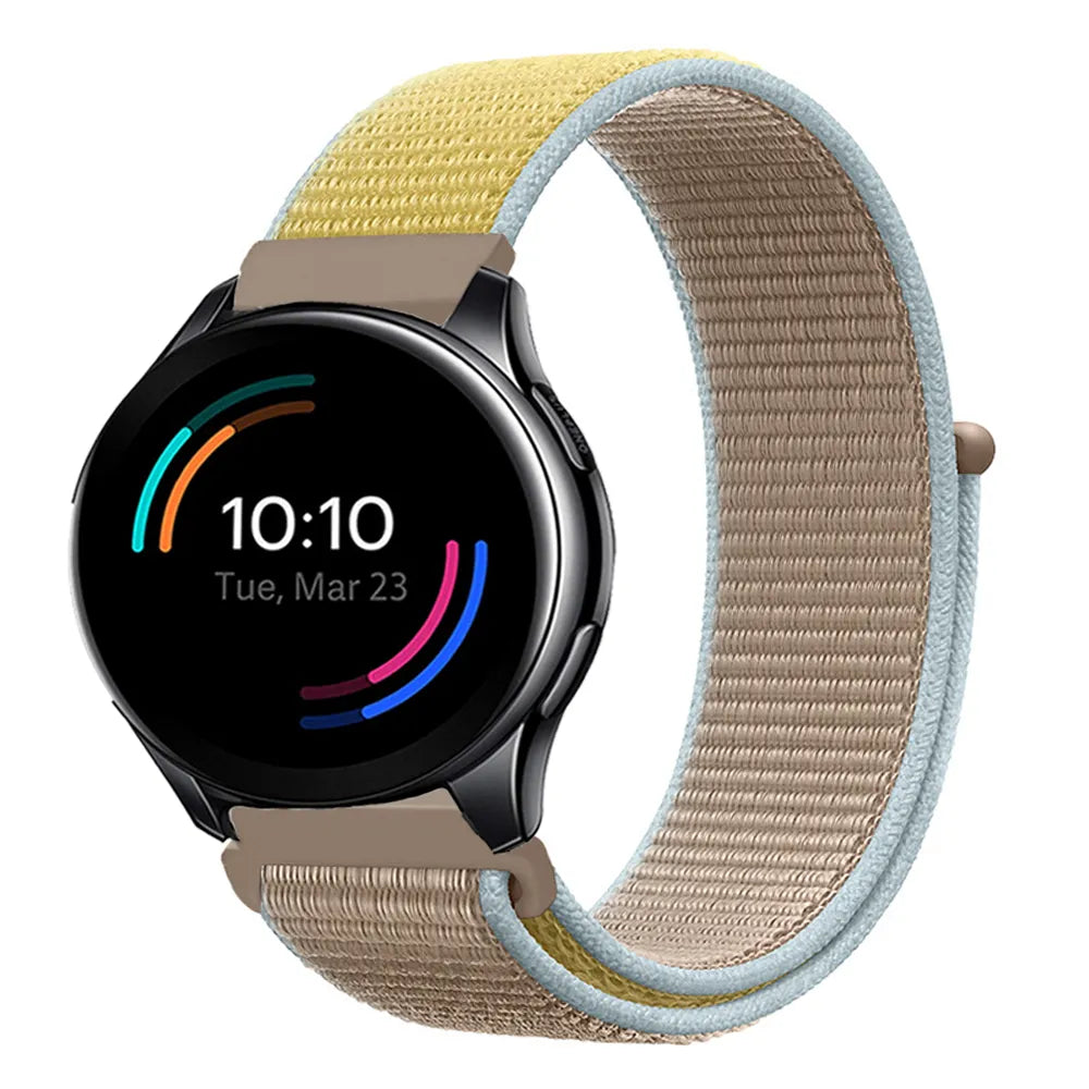 Nylon Strap, camel, on a watch, direct front view