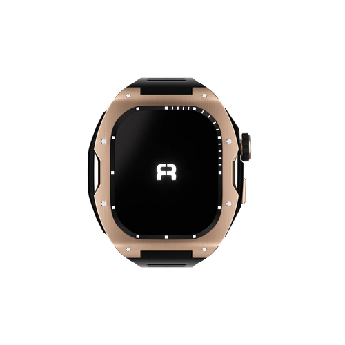 Silicone Case with Rubber Strap, rose gold/black, on a watch, direct front view