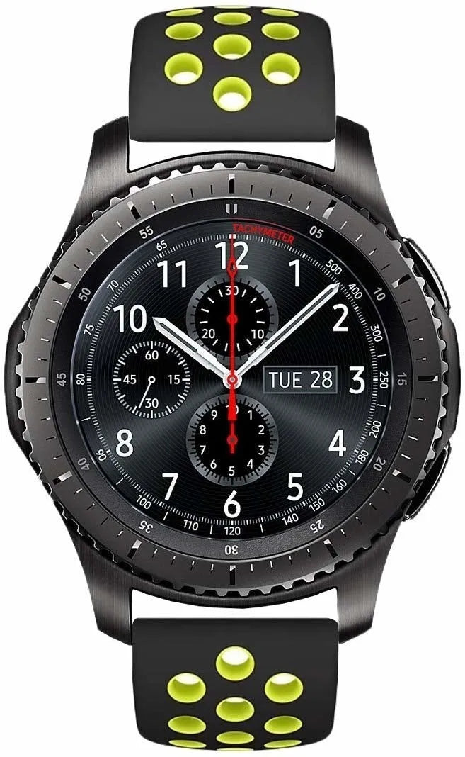 Silicone Sport Strap, black/yellow, on a watch, direct front view