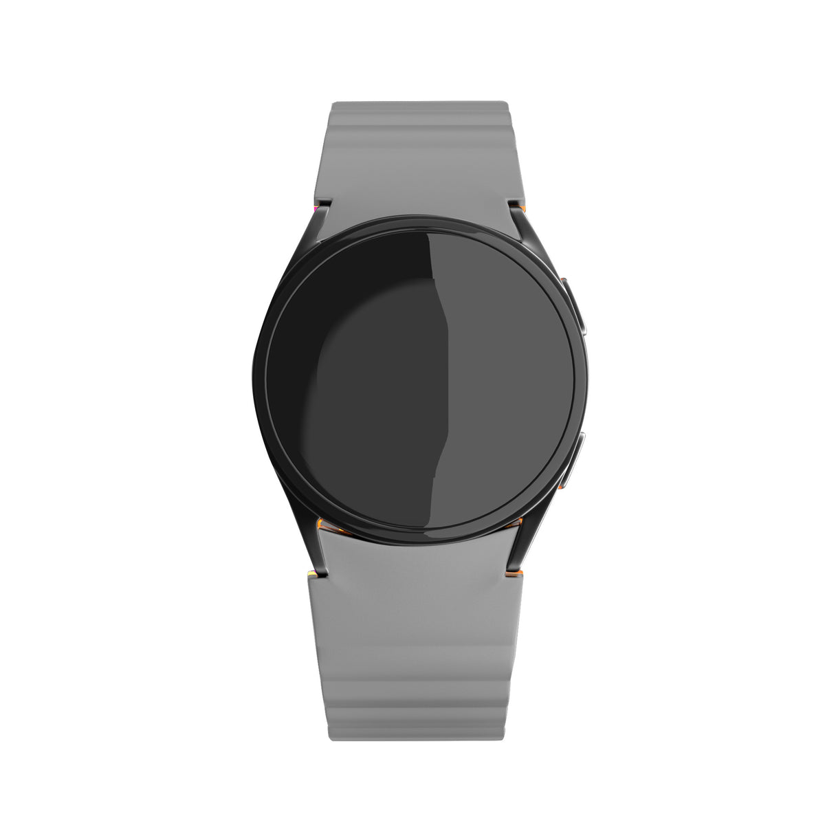 Magnetic Silicone Strap, grey/orange, on a watch, direct front view