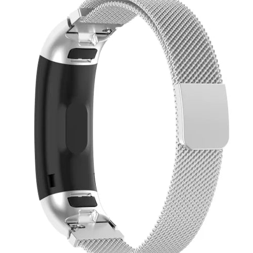 Milanese Strap, silver, on a watch, direct front view