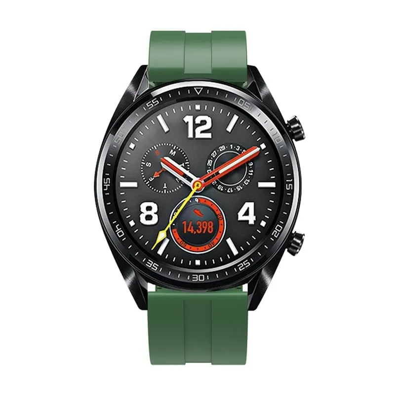 Silicone Strap 'Extreme', army green, on a watch, direct front view