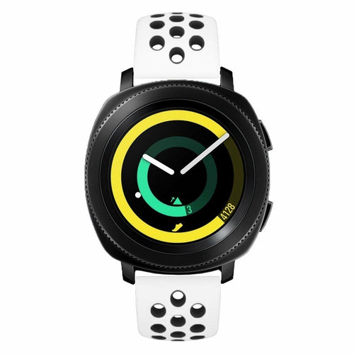 Silicone Sport Strap, white/black, on a watch, direct front view