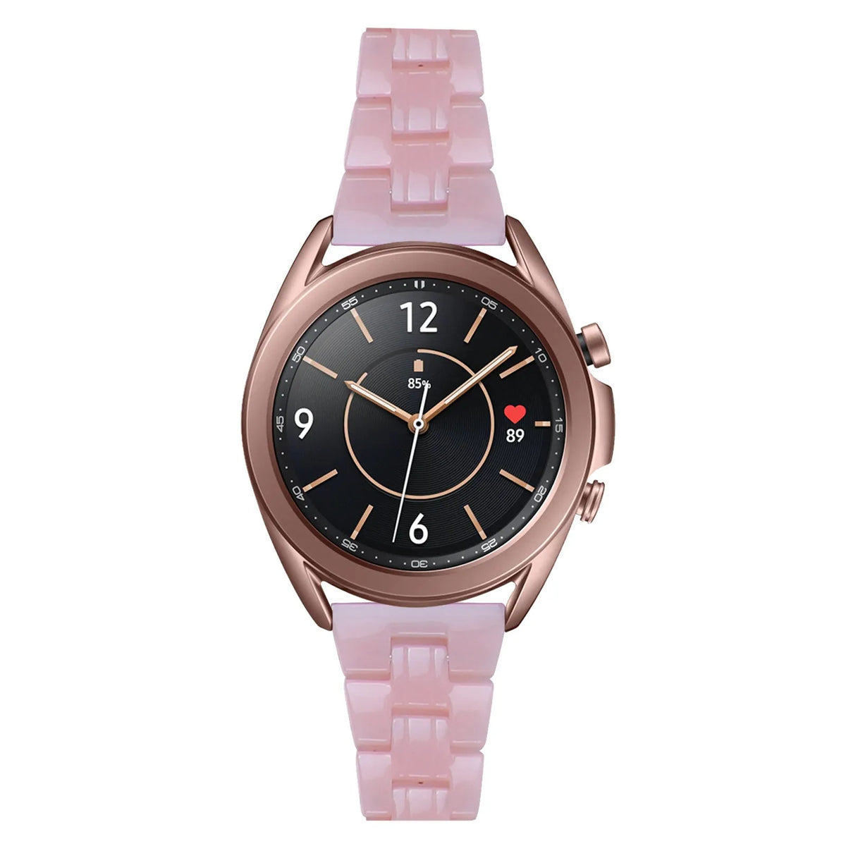 Metal Resin Strap, pink, on a watch, direct front view