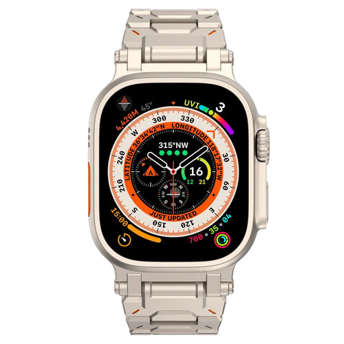 Explorer Steel Strap, titanium, on a watch, direct front view