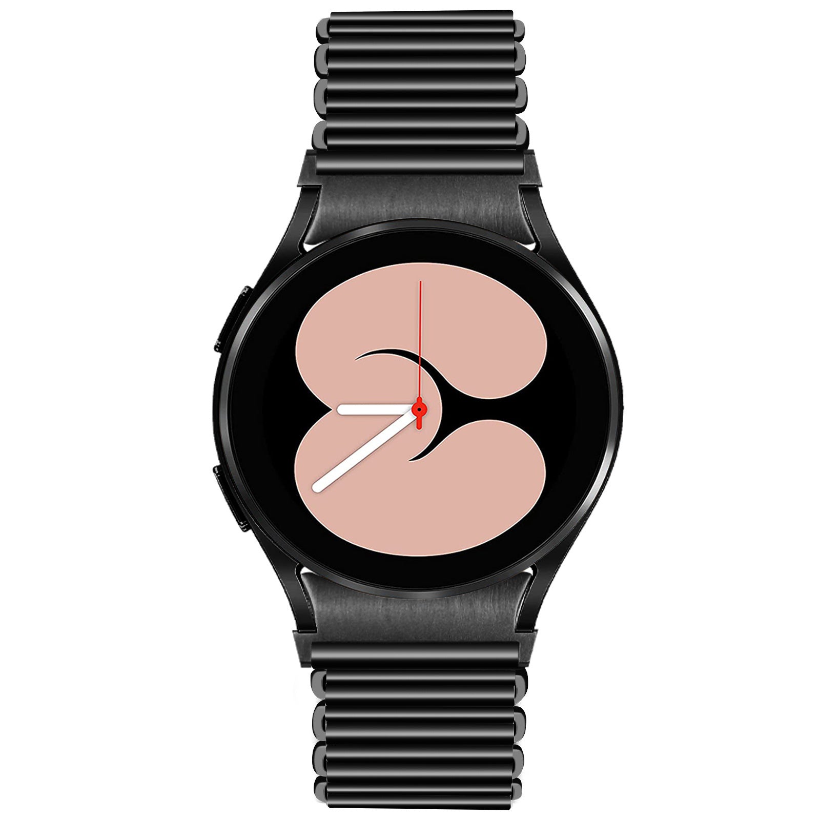 Steel Loop Strap, black, on a watch, direct front view
