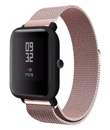 Milanese Strap, pink, on a watch, direct front view