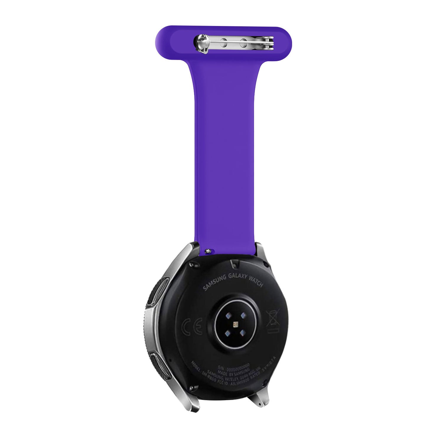 Silicone Nurse Fob, purple, on a watch, direct rear view
