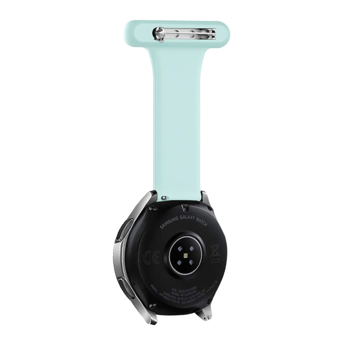 Silicone Nurse Fob, light green, on a watch, direct rear view