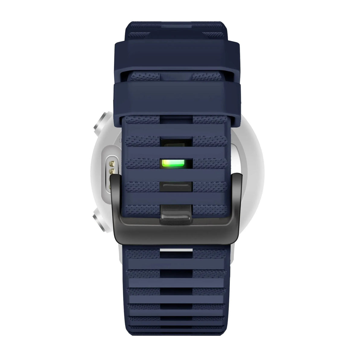 Buckled Silicone Strap, dark blue, on a watch, direct rear view