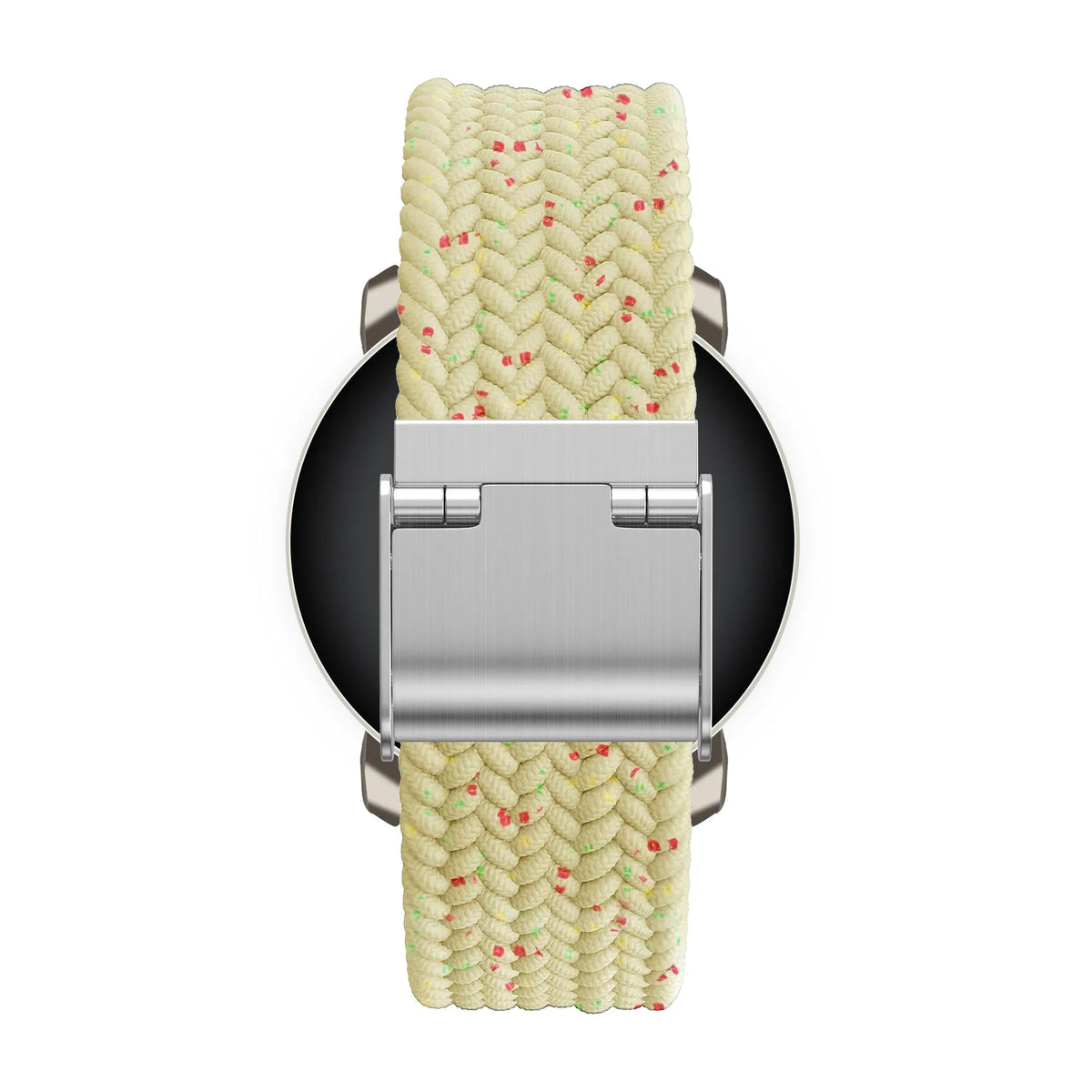 Woven Nylon Strap, beige, on a watch, direct rear view