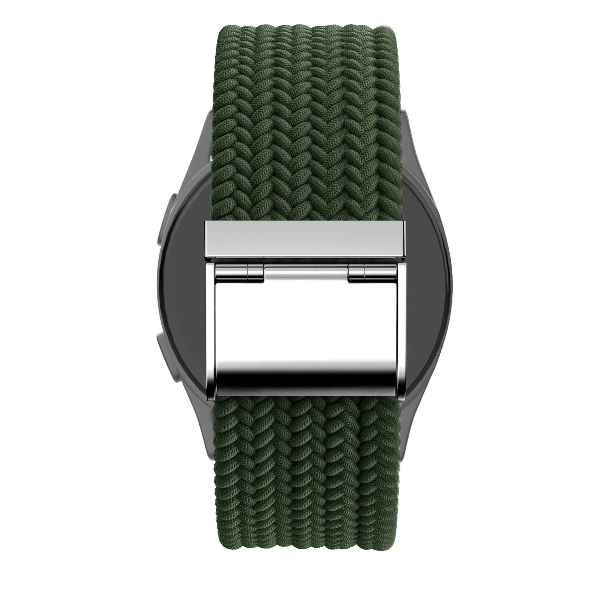 Woven Nylon Strap, olive green, on a watch, direct rear view