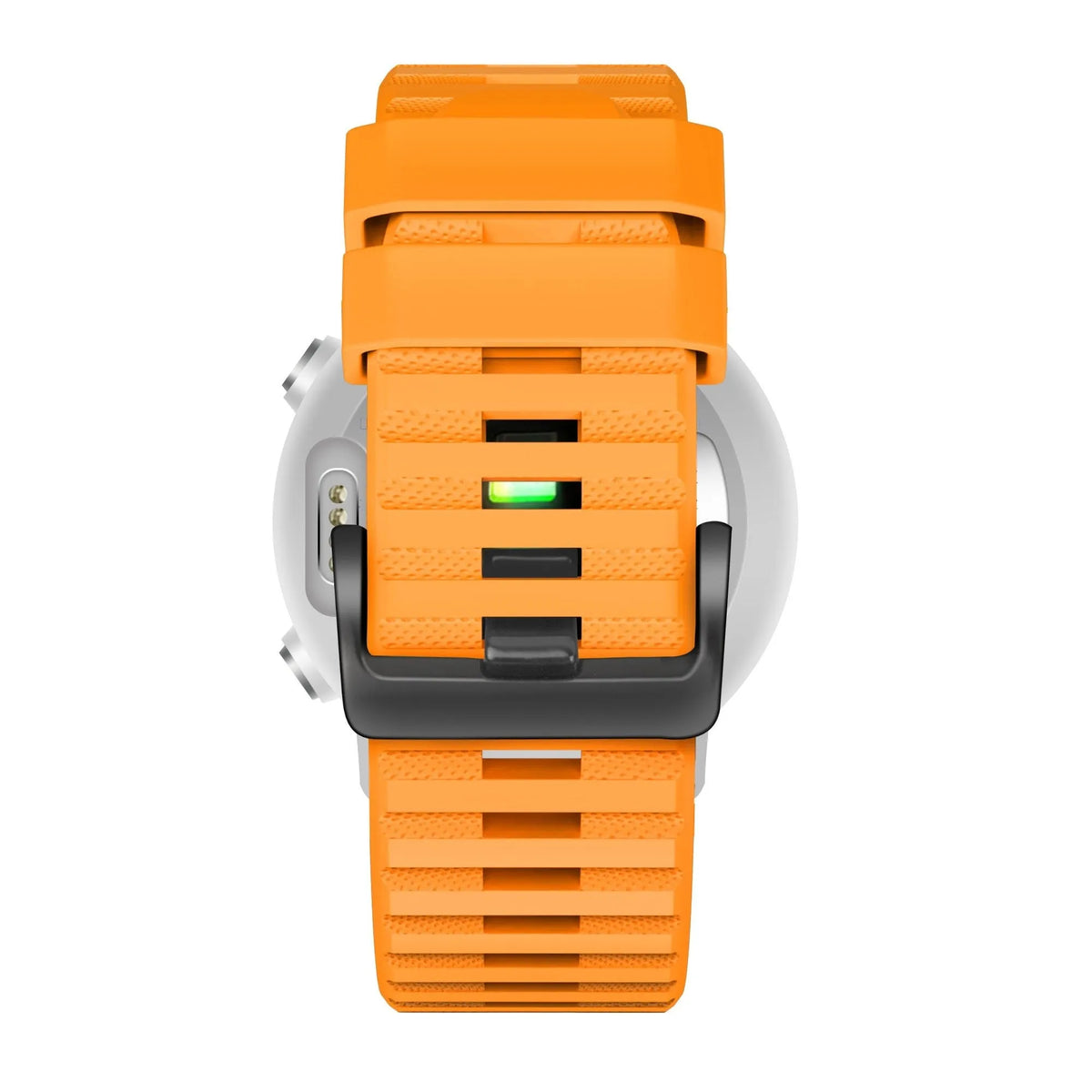 Buckled Silicone Strap, orange, on a watch, direct rear view
