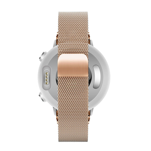 Milanese Loop Strap, rose gold, on a watch, direct rear view