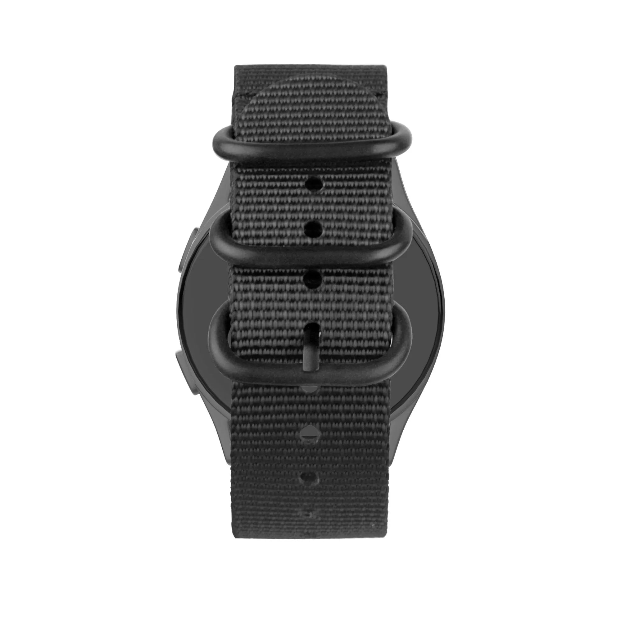 Buckled Nylon Strap, black, on a watch, direct rear view